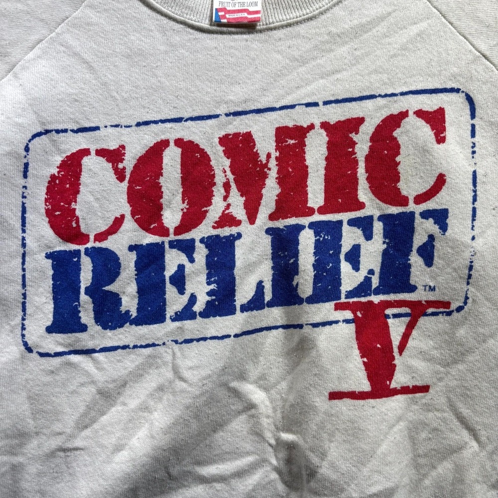 Vintage Fruit Of The Loom Comic Relief V Sweatshirt Men's XL White Graphic Print - Picture 2 of 14